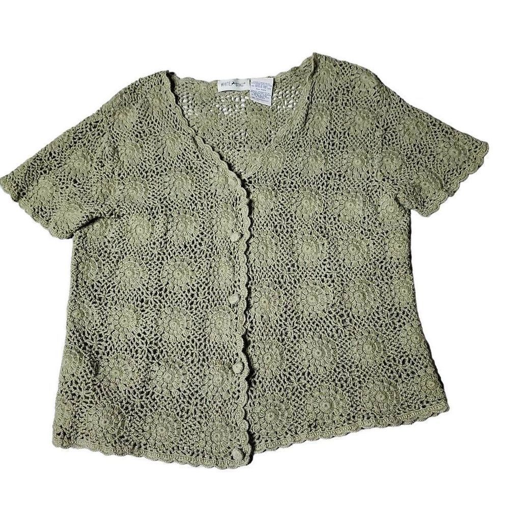 Vintage 90s green knit short sleeve scalloped hem blouse